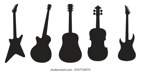 set of guitar silhouettes electric guitars acoustic 