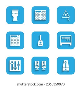 Set Guitar, Stereo speaker, Metronome with pendulum, amplifier, Sound mixer controller, Drum machine, Triangle and  icon. Vector