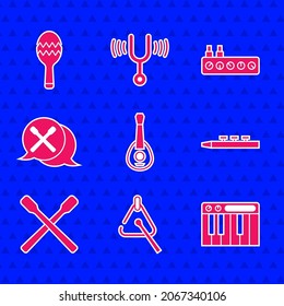 Set Guitar, Triangle, Music synthesizer, Drum and drum sticks, Sound mixer controller and Maracas icon. Vector
