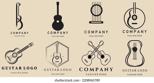 Set-Gitarrenvintage, Line-Art-Logo, Symbol und Symbol mit Emblem-Vektorgrafik-Design