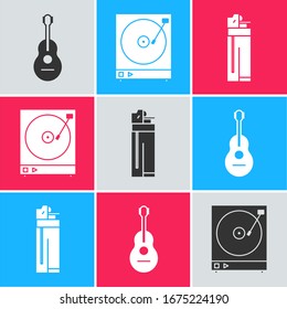 Set Guitar , Vinyl player with a vinyl disk  and Lighter  icon. Vector
