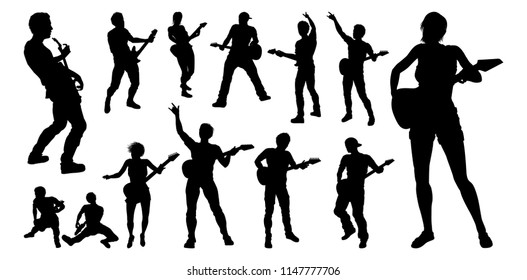 A set of guitarist musicians in detailed silhouette playing their guitars.