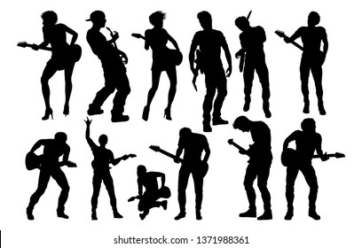 A set of guitarist musicians in detailed silhouette playing their guitars.