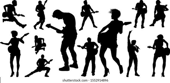 A set of guitarist musicians in detailed silhouette playing their guitars.