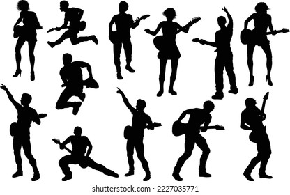 A set guitarist musicians in detailed silhouette playing their guitars 