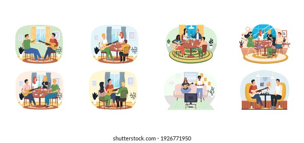 Set of guitarists entertaining people and board games illustrations. Rest and pastime with music. Musicians with stringed instrument create melodies. Characters perform with acoustic guitar at home