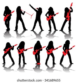 Set of guitarists silhouettes isolated on white. Vector illustration