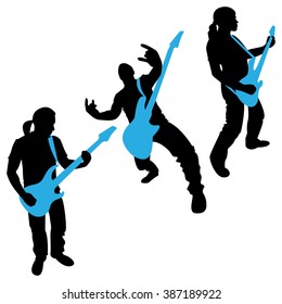 Set of Guitarists Silhouettes Isolated on White. Vector Illustration.