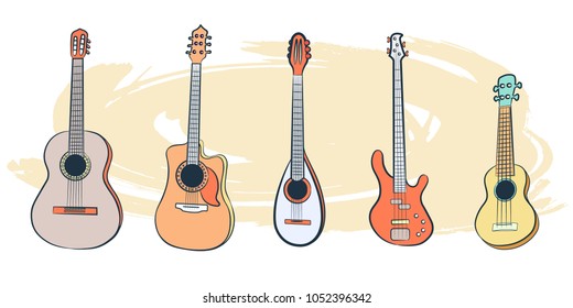 A set of guitar-plucked stringed instruments. Clipart on an abstract beige background. Rock'n'roll day. Isolated, vector illustration.