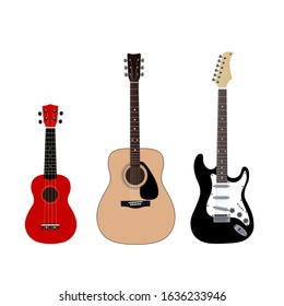 A set of guitars. Acoustic guitar, electric guitar and ukulele. Stringed musical instruments on a white background. Flat style