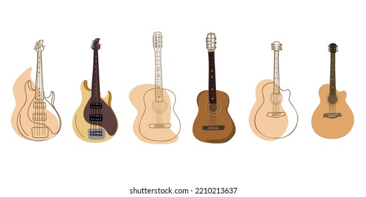 
Set guitars, classical, electro-acoustic and bass guitars. Doodle, hand drawn. Vector illustration. Musical background