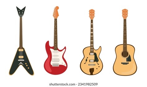 Set of guitars concept. Electric and acoustic musical string instruments. Art and creativity, music. Template, layout and mock up. Cartoon flat vector collection isolated on white background