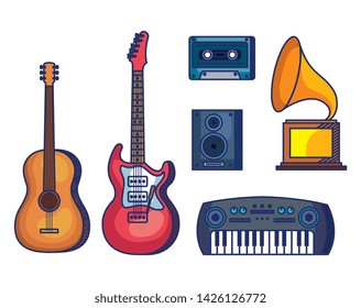 set guitars with piano and cassette with stereo and turntable