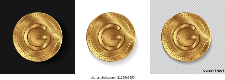 Set of Gulden NLG crypto currency logo symbol vector isolated on white, dark and transparent background. Can be used as golden coin sticker, icon, label, badge, print design and emblem