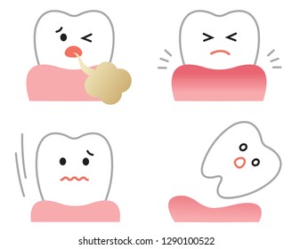 set of  gum disease symptoms: inflammation, bad breath, loose teeth, and receding gums. oral and dental care concept