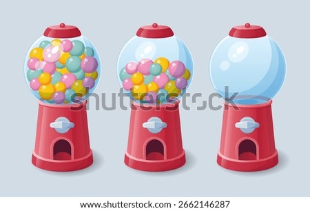 Set of gumball candy machine with colored candies balls.	