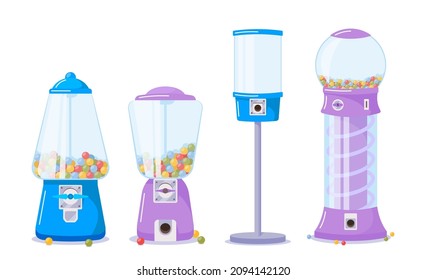 Set of Gumball Machines Blue and Violet Dispensers with Transparent Glass, Slot, Spiral Track and Candies or Colorful Bubble Gums inside Isolated on White Background. Cartoon Vector Illustration, Icon