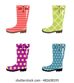 Set of gumboots on a white background. Autumn footwear. Vector