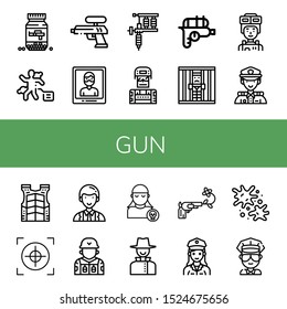 Set of gun icons. Such as Ammo, Crime scene, Water gun, Arrest, Tattoo machine, Soldier, Jail, Police, Bulletproof vest, Crosshair, Officer, Pirate, Detective, Gun , icons