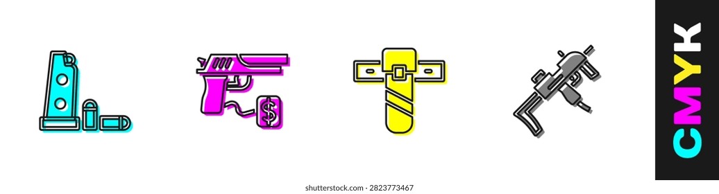 Set Gun magazine and bullets, Buying gun pistol, Knife holster and MP9I submachine icon. Vector