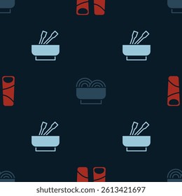 Set Guotie, Asian noodles in bowl and  on seamless pattern. Vector