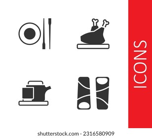 Set Guotie, Food chopsticks with plate, Traditional tea ceremony and Roasted turkey or chicken icon. Vector