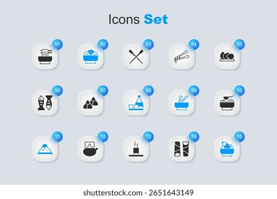Set Guotie, Zongzi in bamboo steamer, Chow mein plate, Rice bowl, with fish, Ramen soup, Asian noodles and Bottle of sake icon. Vector