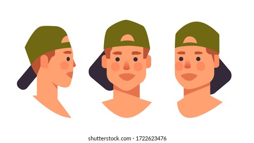 set guy in cap head avatar front side view male character different views for animation horizontal portrait vector illustration