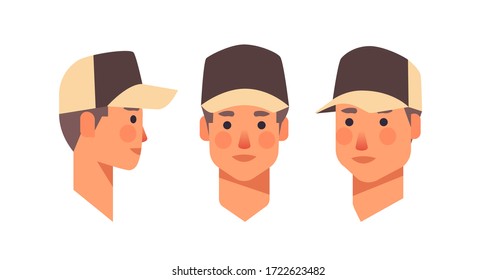 set guy in cap head avatar front side view male character different views for animation horizontal portrait vector illustration