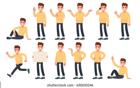 Set of a guy in casual clothes in different poses. A character for your project. Vector illustration in a flat style