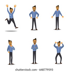 Set of a guy in casual clothes in different poses. Character for your project. Vector illustration in flat style.