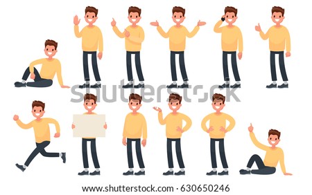 Set of a guy in casual clothes in different poses. A character for your project. Vector illustration in a flat style
