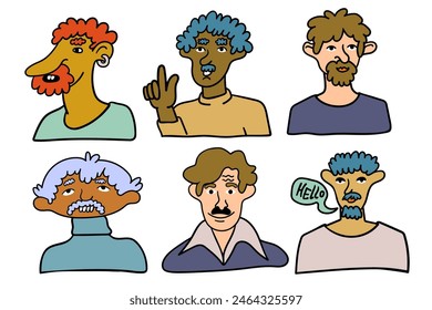 set guy retrato de personaje en estilo doodle en Vector. arte de línea para avatar diseño pegatina para colorear postal poster print