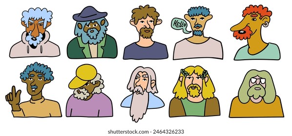 set guy character portrait in doodle style in vector. line art for avatar design sticker coloring postcard poster print