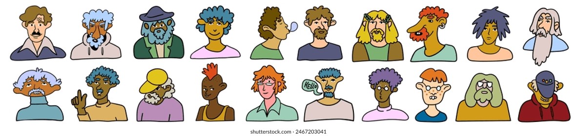 set guy character portrait in doodle style in vector. line art for avatar design sticker coloring postcard poster print