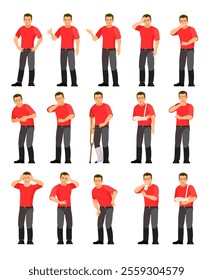 Set of guy with different diseases. Pain abdomen, head or limbs. Worker in overalls. Fun cartoon style. object isolated on white background. Vector Character standing.