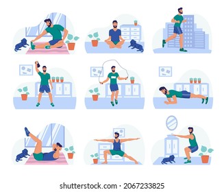 Set - the guy does sports at home. A young man stands in a plank, does yoga, squats, shakes his abs, jumps on a rope. Flat vector illustration