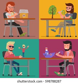 Set. Guy, man draws with 3d pen. Future technologies. Modern innovations. Vector illustration flat design
