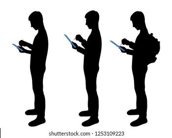 Set of guy silhouettes use tablet with stylus