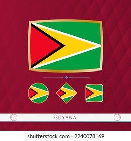 Set of Guyana flags with gold frame for use at sporting events on a burgundy abstract background. Vector collection of flags.