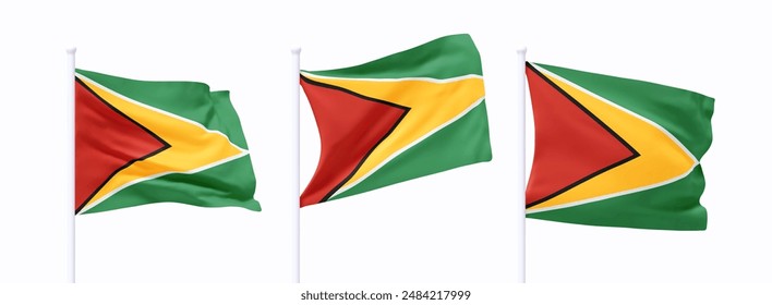 Set of Guyana waving flag on flagpole. Realistic 3d design flag flies on the wind on isolated white background. vector illustration