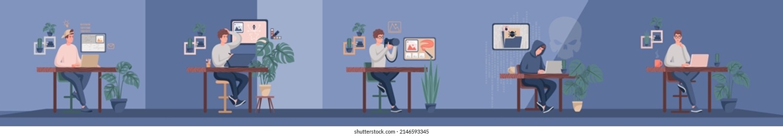 Set of guys with different emotions and movements during work, sitting at a table. Animate the characters. 2D characters.