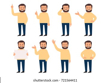 Set of a guys in different poses and gestures paying attention or point to anything. A characters in casual clothes . Vector illustration. flat style