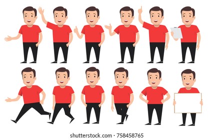 Set of a guys in different poses and gestures paying attention or point to anything. A characters in casual clothes . Vector illustration. flat style