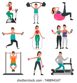 Set of guys and girls engaged in physical training color illustration