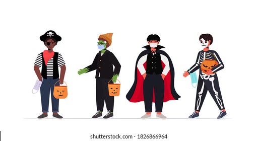set guys in masks wearing different costumes happy halloween party celebration coronavirus quarantine concept full length horizontal vector illustration