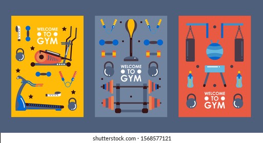 Set of gym banners in flat style, vector illustration. Fitness studio equipment icons, sport club invitation, welcome to gym. Poster with workout accessories, training center advertisement flyer