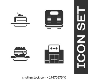 Set Gym building, Cake, Junk food and Bathroom scales icon. Vector