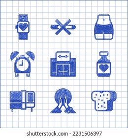 Set Gym building, Meditation, Bread toast, Vitamin pill, Bed, Alarm clock, Women waist and Smart watch icon. Vector
