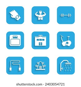 Set Gym building, Metal rack with weights, Shower head, Stationary bicycle, Jump rope, Bathroom scales, Barbell and Smart watch hand icon. Vector